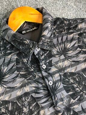 Travis Mathew Polo Shirt Mens M Black Hawaiian Floral Performance Stretch Golf